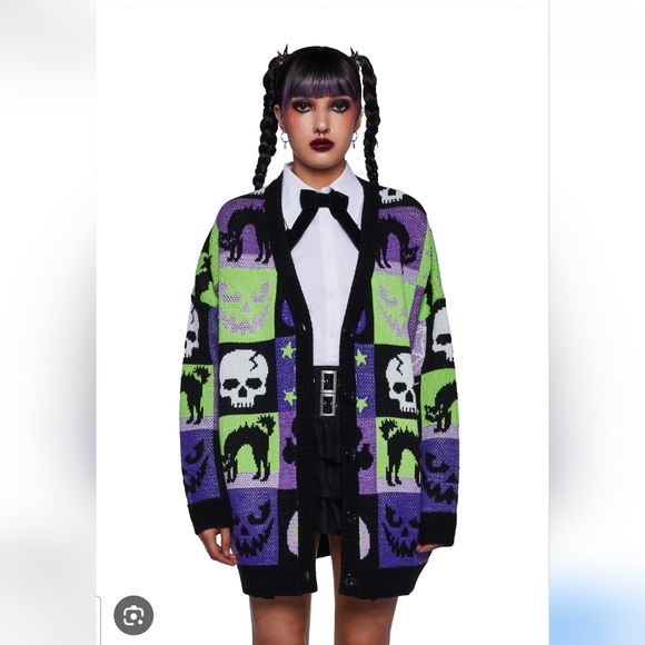 Trickz N Treatz Patchwork Oversized Knit Cardigan, Cat, Skulls, Bats, Spider.NEW - Picture 10 of 10